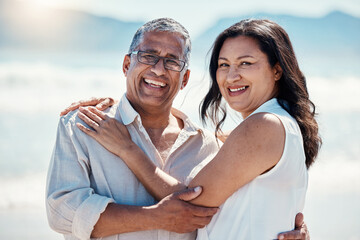 Love, beach and portrait old couple in embrace, smile on face and romance in happy relationship....