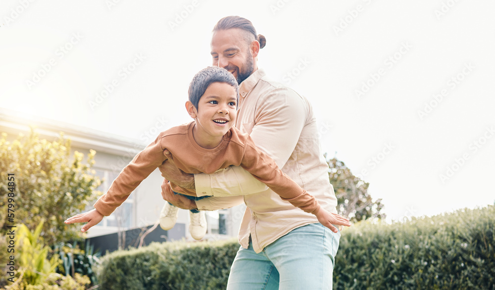 Wall mural carefree, flying and playing father with a child in a garden for freedom, play and bonding. happy, l