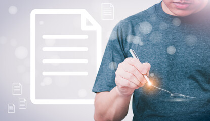 The person touching the virtual screen to sign a document digitally, digital transformation management concept Internet of Things, Big Data and Business Processes, Automated Operations, Data Storage