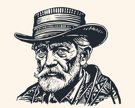 An old cowboy in a hat with a gray beard and mustache, with a sad look. Retro linocut engraving style. Vector illustration	