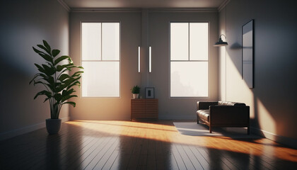 Fototapeta na wymiar Sunlight From the Window in the Minimal interior style living room, Generative Ai