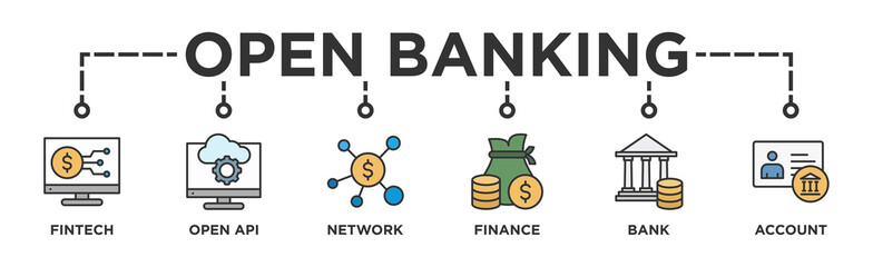 Open banking banner web icon vector illustration concept for financial technology with an icon of the fintech, coding, open API, finance, banking, network, and account