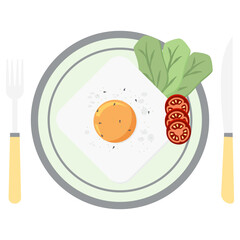 Fried Egg Yolk Fry Serving Food Lettuce Tomato on a Plate Fork Knife
