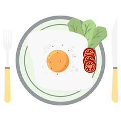 Fried Egg Yolk Fry Serving Food Lettuce Tomato on a Plate Fork Knife
