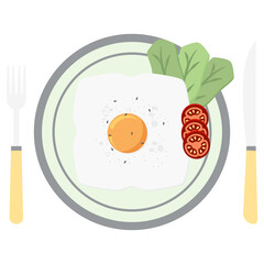 Fried Egg Yolk Fry Serving Food Lettuce Tomato on a Plate Fork Knife

