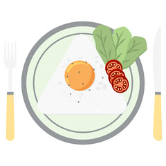 Fried Egg Yolk Fry Serving Food Lettuce Tomato on a Plate Fork Knife
