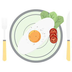 Fried Egg Yolk Fry Serving Food Lettuce Tomato on a Plate Fork Knife
