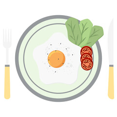 Fried Egg Yolk Fry Serving Food Lettuce Tomato on a Plate Fork Knife
