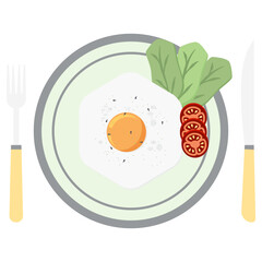 Fried Egg Yolk Fry Serving Food Lettuce Tomato on a Plate Fork Knife
