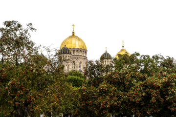 the domes of the Riga Nativity of Christ Orthodox Cathedral among the trees of a park in the city center with a transparent background