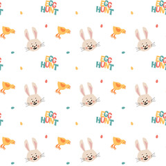 Easter seamless pattern with a print of cute rabbits, chic with eggs and the text Egg Hunt. Festive pattern for fabric, wrapping paper, childrens clothing. Vector illustration.