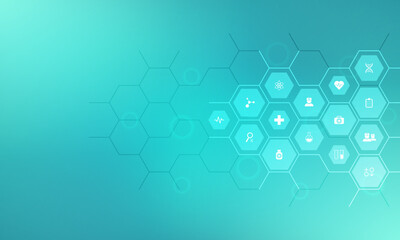 Fototapeta premium Medical background and healthcare technology with flat icons and symbols. Concept and idea for health care business, innovation medicine, health safety, science, medical research, and development.