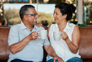 Toast, coffee and senior couple laughing in home, having fun and enjoying funny conversation. Love bonding, tea cheers and romantic smile of happy, retired and elderly man and woman drinking espresso