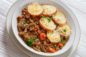Ground Beef stew with mushrooms, carrots potatoes