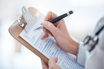Woman, doctor hands and writing on clipboard, checklist and healthcare consulting information. Closeup medical worker write documents, data and questions for report, planning or clinic administration - obrazy, fototapety, plakaty