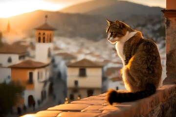 cat in front of a scenic Granada houses (AI Generated) - obrazy, fototapety, plakaty