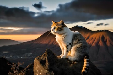 cat in front of a scenic volcano crater (AI Generated)