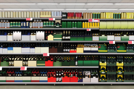 Beer at Supermarket in pack on shelf

Suitable for presenting new beer bottles and packaging or label designs among many others.