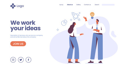 Business idea landing page template.Teamwork and partnership Business communicate concept. Businessman and Businesswoman communication in business webpage, landing page vector