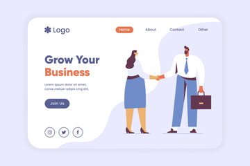 Growth your business landing page template. Teamwork and partnership Business communicate concept. Businessman and Businesswoman communication in business webpage, landing page vector