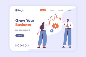 Growth your business landing page template. Teamwork and partnership Business communicate concept. Businessman and Businesswoman communication in business webpage, landing page vector