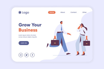 Growth your business landing page template. Teamwork and partnership Business communicate concept. Businessman and Businesswoman communication in business webpage, landing page vector