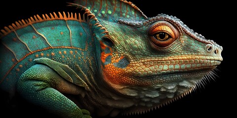 Obraz premium Green and orange colored exotic camouflaged chameleon. Tropical reptile in profile view. Generative AI.