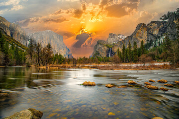 beautiful view in Yosemite valley with half dome and el capitan from Merced river