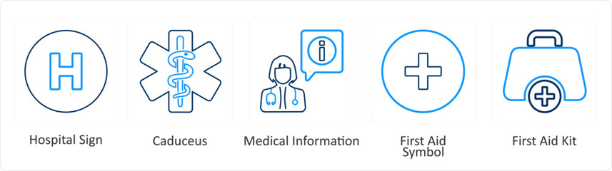 A set of 6 Medical icons as hospital sign, caduceus, medical information