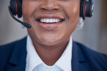 Smile, teeth and call center agent woman with dental hygiene or health happy to consult customer...
