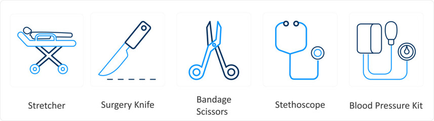A set of 6 Medical icons as stretcher, surgery knife, bandage scissors