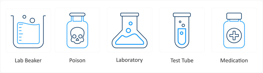 A set of 6 Medical icons as lab beaker, poison, laboratory
