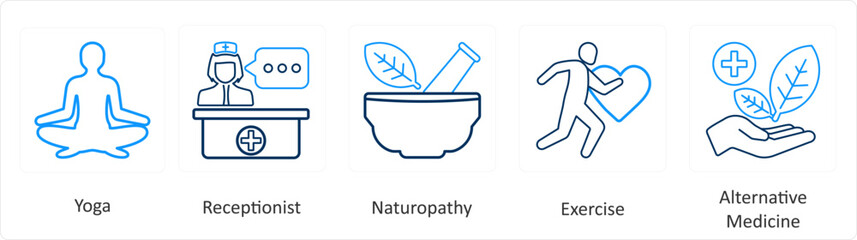A set of 6 Medical icons as yoga, receptionist, naturopathy