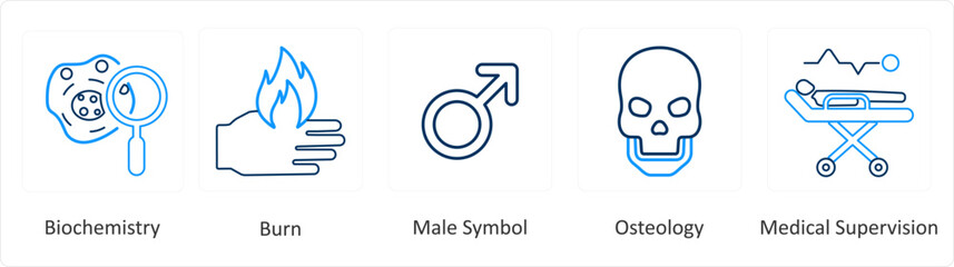 A set of 6 Medical icons as biochemistry, burn, male symbol