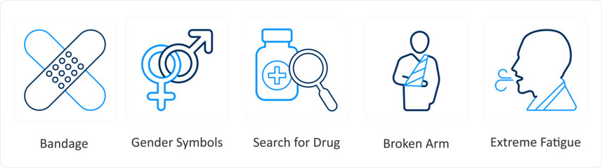 A set of 6 Medical icons as bandage, gender symbols, search for drug