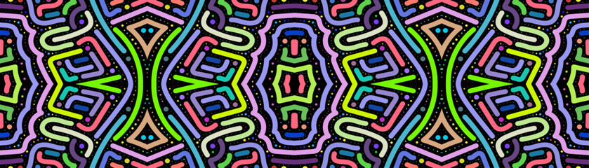 Colorful pattern of wavy lines. neon light.Composition in the form of an oriental arbitrary multi-colored pattern on a black background.Vector illustration, EPS 10.For wallpaper, notepad, print design