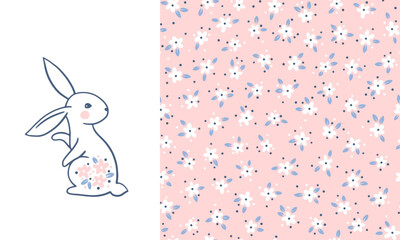 Hare print and seamless floral pattern. Spring composition. Hand drawn cartoon linocut of cute animals with small flowers. Ideal for textiles, fabric, baby clothes.