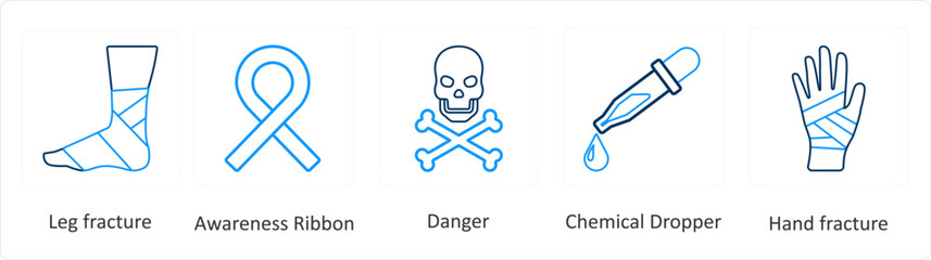 A set of 6 Medical icons as leg fracture, awareness ribbon, danger