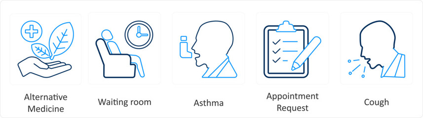 A set of 6 Medical icons as alternative medicine, waiting room, asthma
