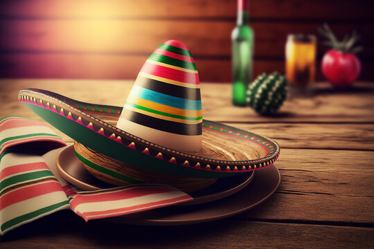 Cinco de Mayo holiday background with Mexican cactus and party sombrero hat on wooden table. Generative AI