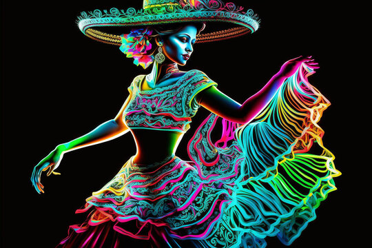 Fabulous Cinco de Mayo female dancer in neon light. Beautiful female model in traditional costume and sombrero dancing..Generative AI