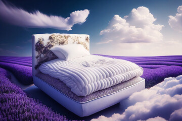 white bed in lavender field. Generative AI