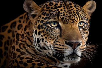 close-up portrait of a jaguar's face with its distinctive rosette spots and yellow eyes (AI Generated)
