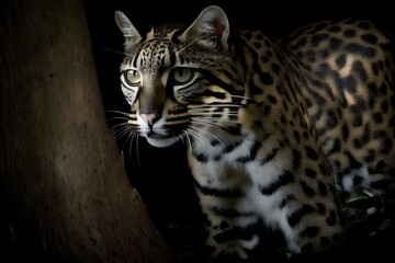 Fototapeta na wymiar ocelot hunting for prey in the dark with its black stripes and spots (AI Generated)