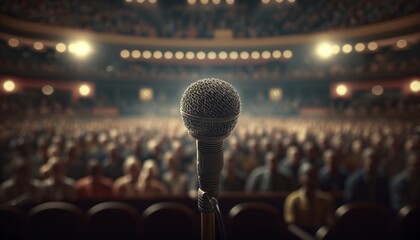Detailed and isolated microphone with background a people waiting for a conference