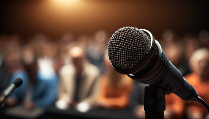 Detailed and isolated microphone with background a people waiting for a conference - obrazy, fototapety, plakaty