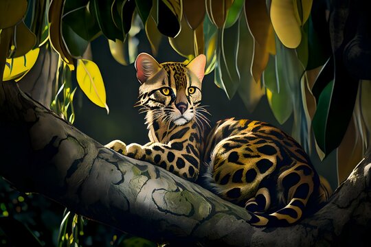 margay climbing on a liana with its long tail and agile movements (AI Generated)