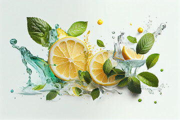 Water splash on white background with lemon slices, mint leaves and ice cubes. generative ai - obrazy, fototapety, plakaty