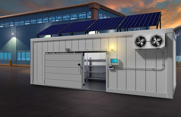 Industrial refrigerator with solar panels. Energy efficient refrigerated container. External refrigerator truck near industrial building. Open industrial refrigerator at sunset. 3d image.