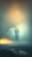 Fototapeta premium Oil platform surrounded with smoke and fog. Pollution concept. Generative ai.
